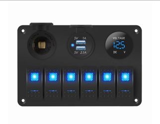6-Gang Marine Rocker Switch Panel with USB,
Lighter, Voltmeter, 12V,24V  Blue LED for Boat, Car,AR,UTV