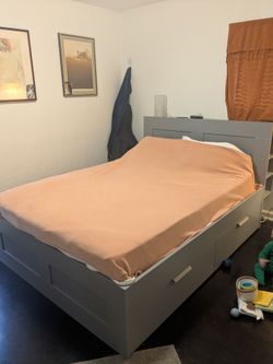 IKEA BRIMNES BEDFRAME - great condition! With Headboard, Shelves, and Huge Drawers!