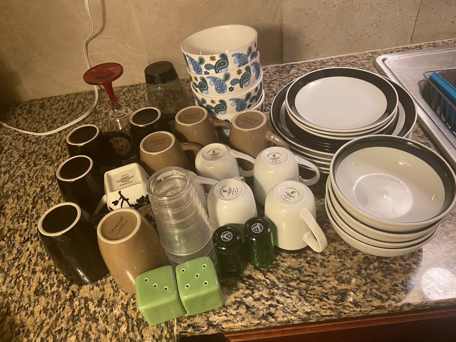 Utensils, cups, plates, bowls, shot glasses and salt & pepper shaker for sale