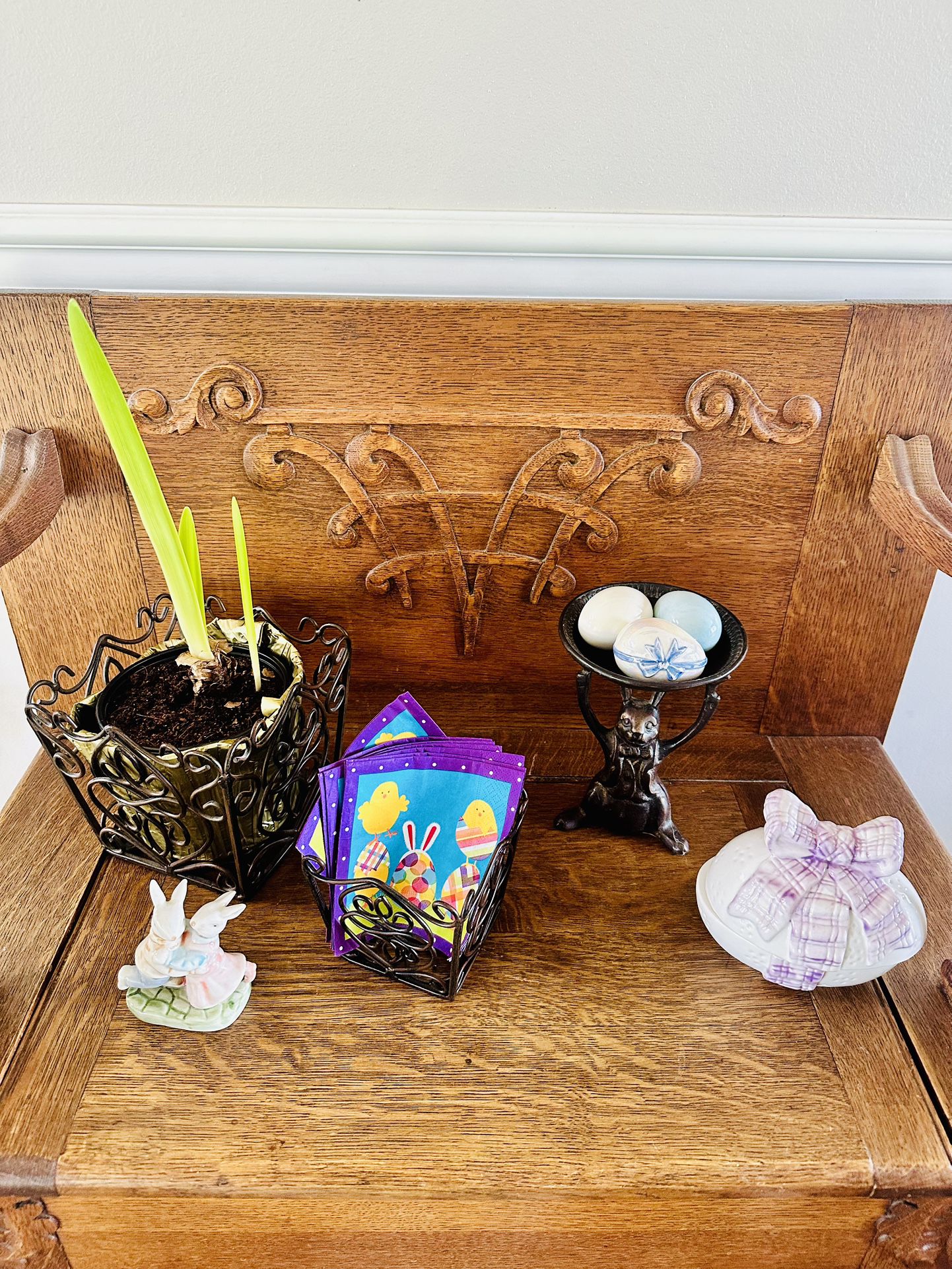 Easter Decor ~ 2 Southern Living at Home Rosedale Plant Holders, Amaryllis Plant, Covered Ceramic Egg Dish, Dancing Bunnies, Bronze Bunny Stand & More