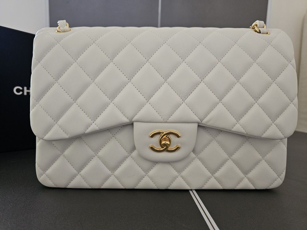 Chanel White Grained Calfskin with Golden Accents