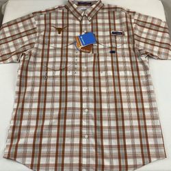 New Men's Columbia Texas Longhorns Bonehead Button-Up Shirt Orange Plaid Size Medium 