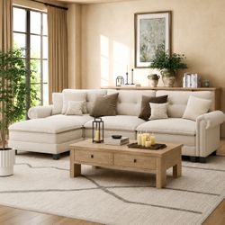Modern Cream Sectional Sofa with Chaise Lounge L Shape