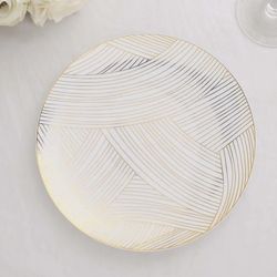 10-Pack Plastic Round Dessert Plates 7" White with Gold Wave Brush Strokes Pattern - Disposable Appetizer Salad Plates for Modern & Sophisticated Tabl
