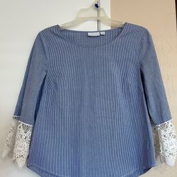 Blue white striped shirt with lace sleeves