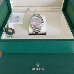 Brand New 2026 Day Date 36 White Gold Pink Dial W Diamond baguette