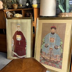 LARGE Pair of Framed Vintage Asian Art - 2 Piece Set