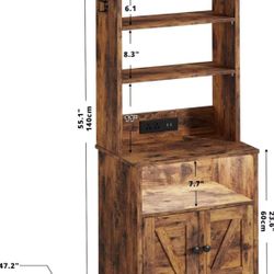 LIKIMIO 55.1" Tall Nightstand with LED Lights and Charging Station, Bedside Table and Bookshelf 2 in 1, End Side Stand with Storage Cabinet, Vintage B