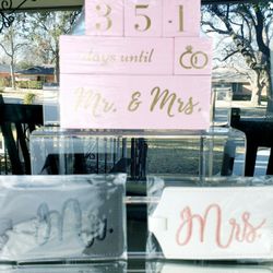 Wedding Countdown Calendar Block Mr and Mrs Luggage Tags His and Hers Ring Dish Holder 3 Piece Set $30