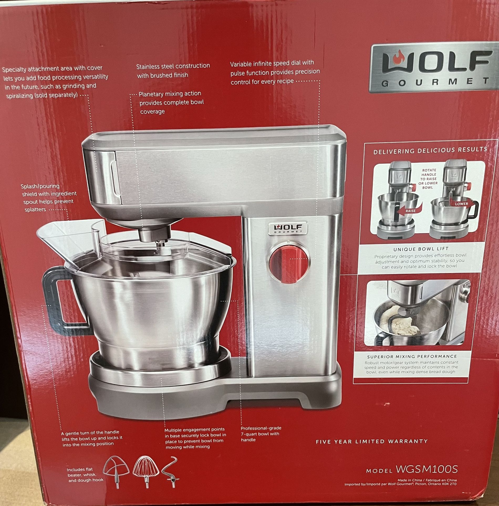 Wolf Gourmet Stainless Steel Stand Mixer With Red Knob