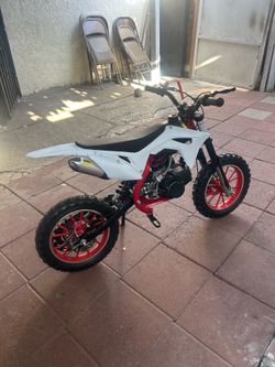 It’s a 49 cc two-stroke dirtbike tops out to 30 mph