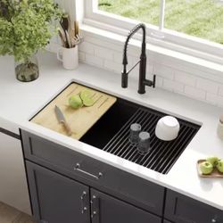 Workstation 33 in. Undermount Quartz Composite Single Bowl Kitchen Sink in Matte Black with 