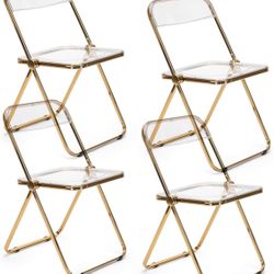 EventStable Clear Acrylic Folding Chair with Electroplate Gold Frame, Lightweight Portable Seating Stackable Comfortable Chair for Indoor Outdoor Dini