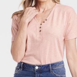 Women's Short Sleeve Essential Henley Tunic T-Shirt  Coral Pink size medium 
