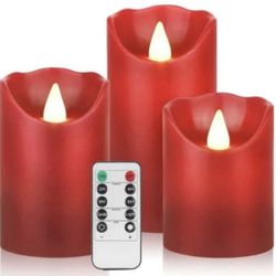 3 PCS Red Flickering Flameless Candles Dripless Real Wax Pillar LED 24hr Timer