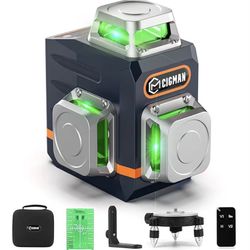 CIGMAN Laser Level Self Leveling 3x360° 3D Green Cross Line for Construction and Picture Hanging, Rechargeable battery, Remote Controller. New