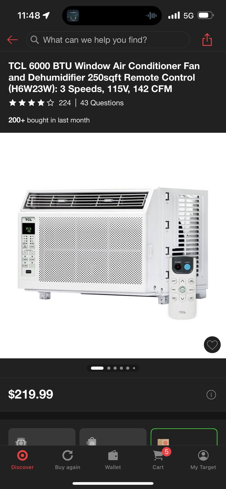 TCL 6000 BTU Window Air Conditioner Fan and Dehumidifier 250sqft Remote Control