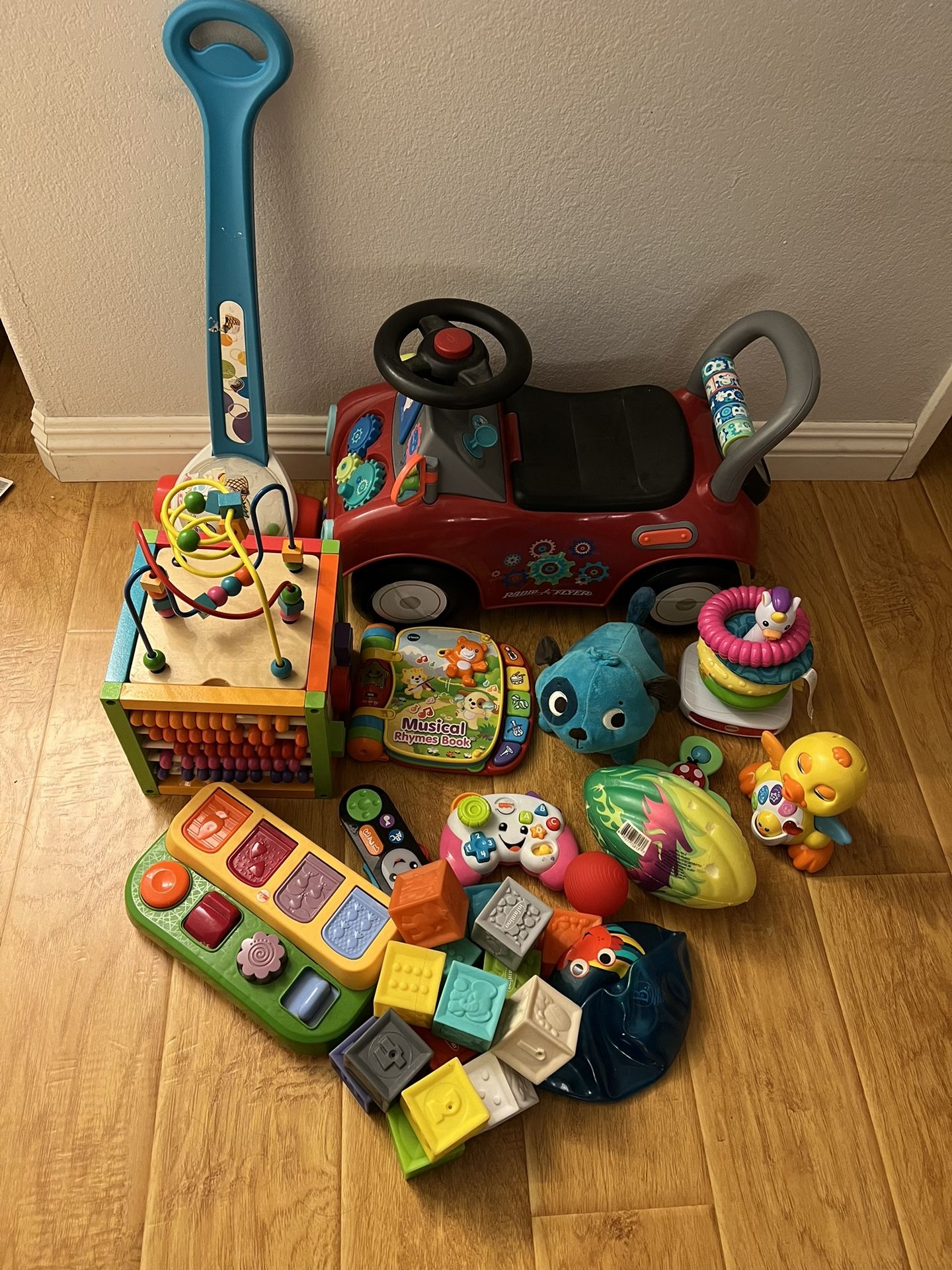 Baby Toddler Toy Bundle - Radio Flyer Push Car, Popper, Cube, Musical Book