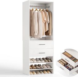 ONBRILL W3 Closet System with Chrome-Plated Hanging Rod & 2 Drawers, White 2FT Modular Closet Organizer System with 3 Shelves, 15mm Thickened Side Pan