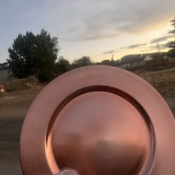 Metallic rose gold plastic charger plates.