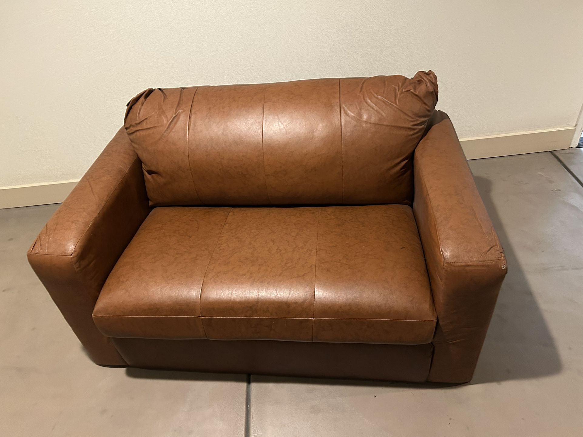 Brown Faux Leather Loveseat Sofa Bed – Pull-Out Sleeper – Full Dimensions Listed