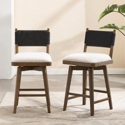 Swivel Counter Stools Set of 2 for Kitchen Island, Farmhouse Linen Fabric Bar Stool Chairs with Woven Rope Backrest and Solid Wood Legs for Patio/Balc