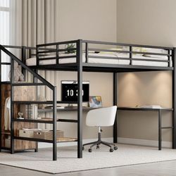 Queen Size Loft Bed with L-shaped Desk and USB, Metal Loft Bed with Wardrobe and Adjustable Shelf, High Loft Bed with LED for Kids Teens Adults, Wood-
