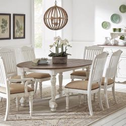 Brand New 7 Piece Solid Wood Rustic White Oval Dining Set