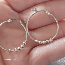Designer MS- STERLING SILVER MOVING BALLS HOOP EARRINGS- 1 IN.
