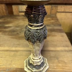 Vintage Candle Holder 11”t X 4.5” w (Woven Basket/ Bone Look) Unique Home Decor 