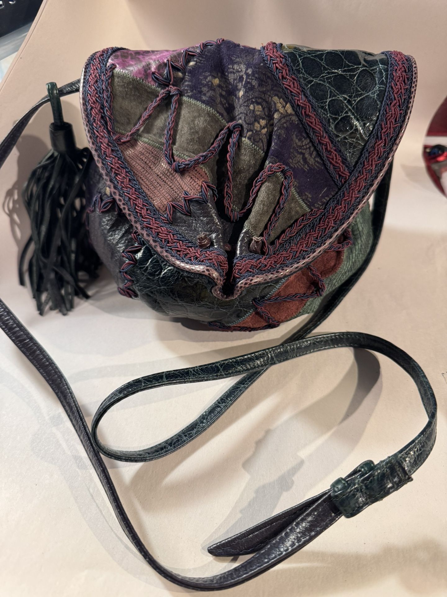 Vintage Never been used Multi colored Leather Sharif Purse-adjustable strap