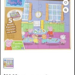 Peppa Pig wooden Jigsaw Puzzles for kids/toddler- in Box (5 different puzzles)-obo
