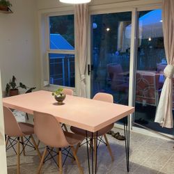 Hair Pin Leg Pink Dining Table With 4 Pink Chairs