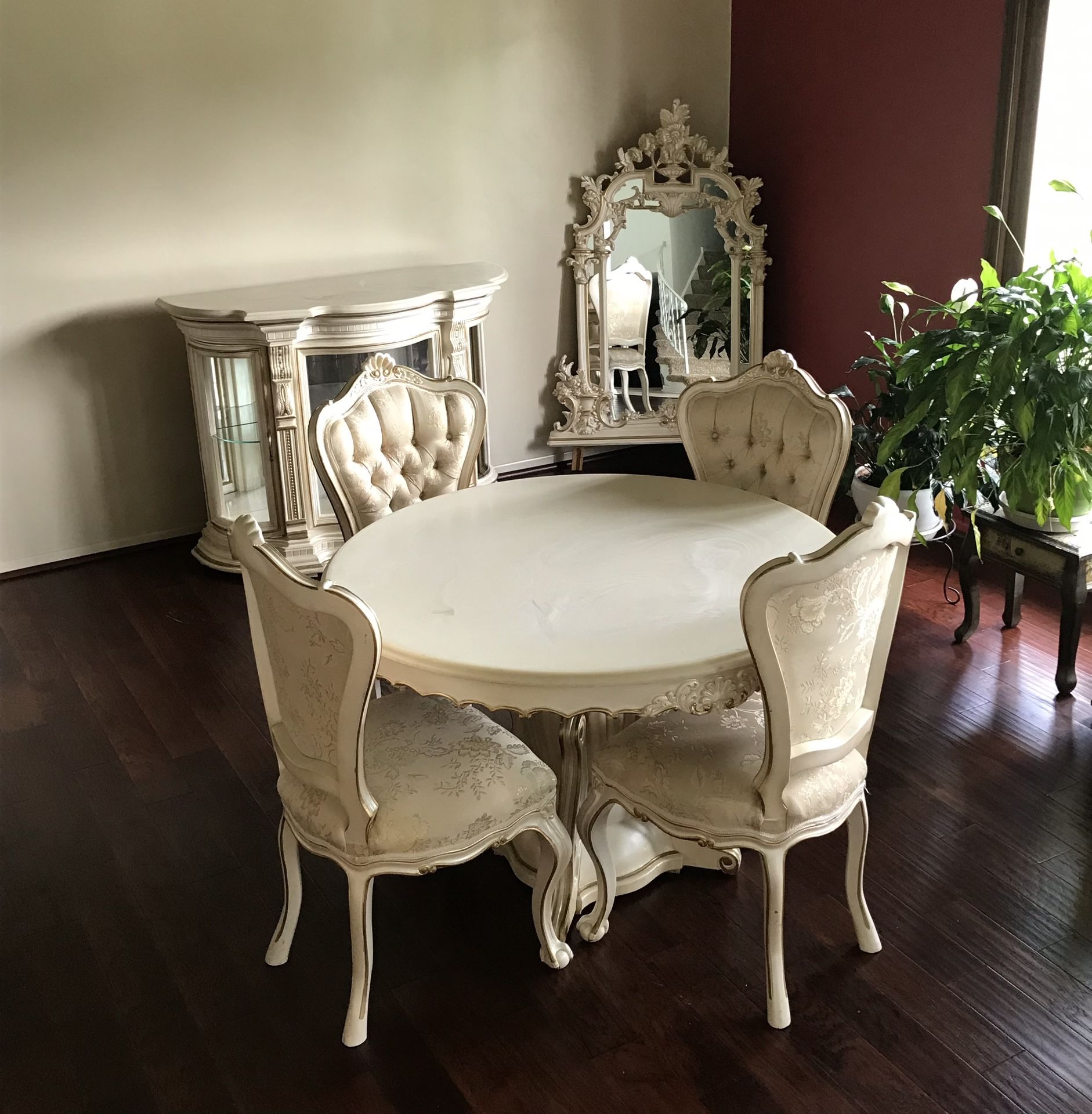 Polrey Dining Table set Includes Mirror & Buffet Cabinet