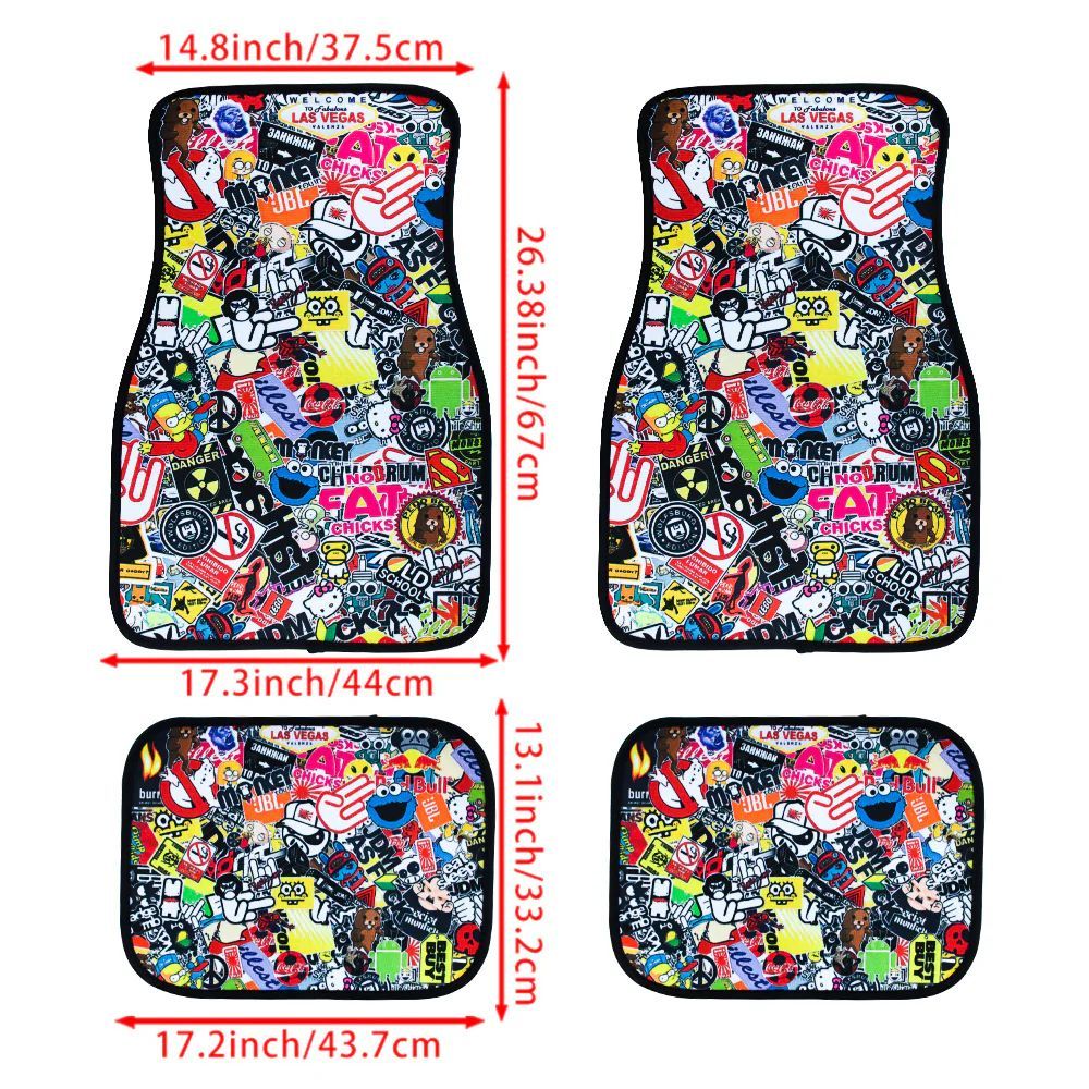 Brand New 4PCS UNIVERSAL JDM STICKERBOMB Racing Fabric Car Floor Mats Interior Carpets