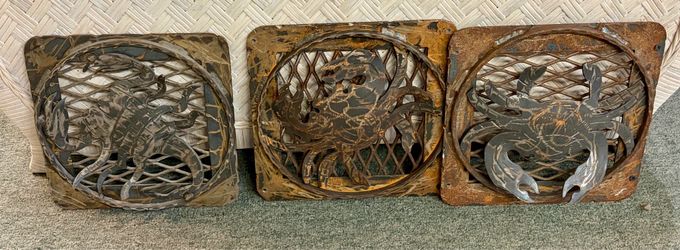 🦀 Set of 3 Vintage Coastal Architectural Vent Covers | Crab & Lobster Metal Wall Art