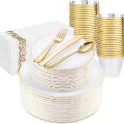 D13# 350PCS Gold Disposable Dinnerware Set for 50 Guests - White and