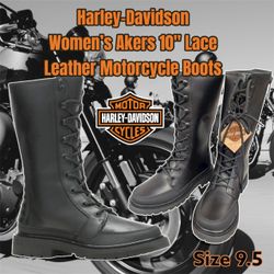 Harley-Davidson Women’s Akers 10" Lace Black Leather Motorcycle Boots, Size 9.5  Harley-Davidson® Women’s Riding Akers 10-Inch Black Motorcycle Boots,