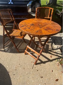 Vintage tortoise bamboo 3pc folding table & chairs