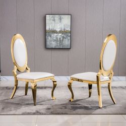 Dining Chair Set 2 Pc White Faux Leather, Stainless Steel Gold Mirrored Finish. New Especial Price 