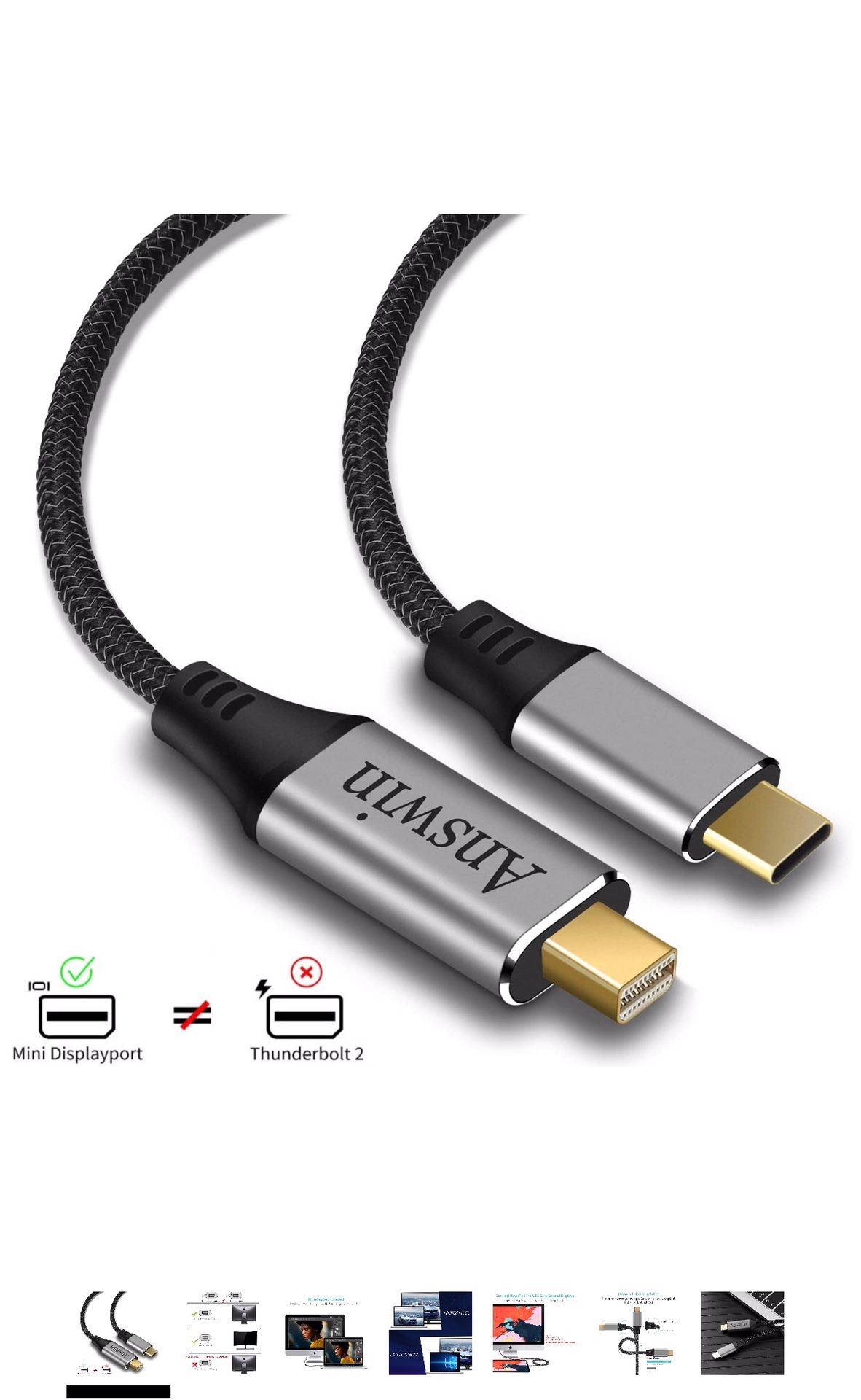 USB C to Mini Displayport, Answin 6Ft 4K@60Hz Thunderbolt 3 to Mini Displayport Cable Compatible for MacBook Pro 2019-2016, Surface Book 2,Galaxy S8/