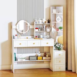 Pamapic Full-Length Mirror Vanity Desk with Lights and Jewelry Storage Cabinet, Golden Handles Makeup Vanity with 6 Drawers, 7 Compartments, 3 Lightin