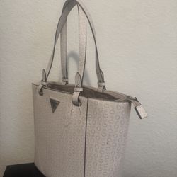GUESS Logo Print Tote Shoulder Bag Beige Taupe