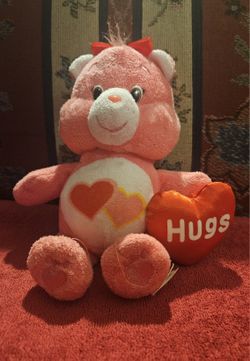 VALENTINES  DAY CARE BEARS PINK TEDDY BEAR  WITH A RED SOFT PLUSH HEART 9"  TOY 
