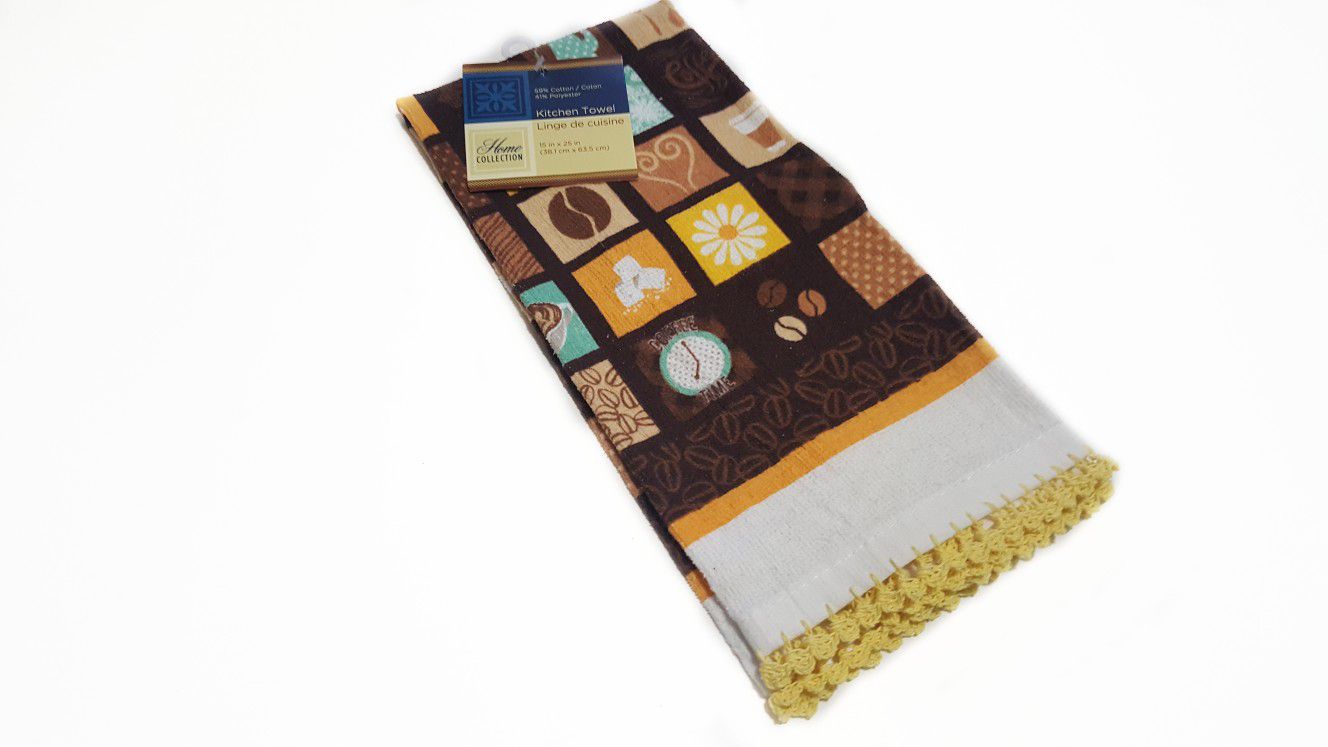 Coffee Time Theme Kitchen Towel-Fancy,Delicate, Crocheted,Ruffle, Trimming,Oven Towel,Stove Towel,Yellow,Brown