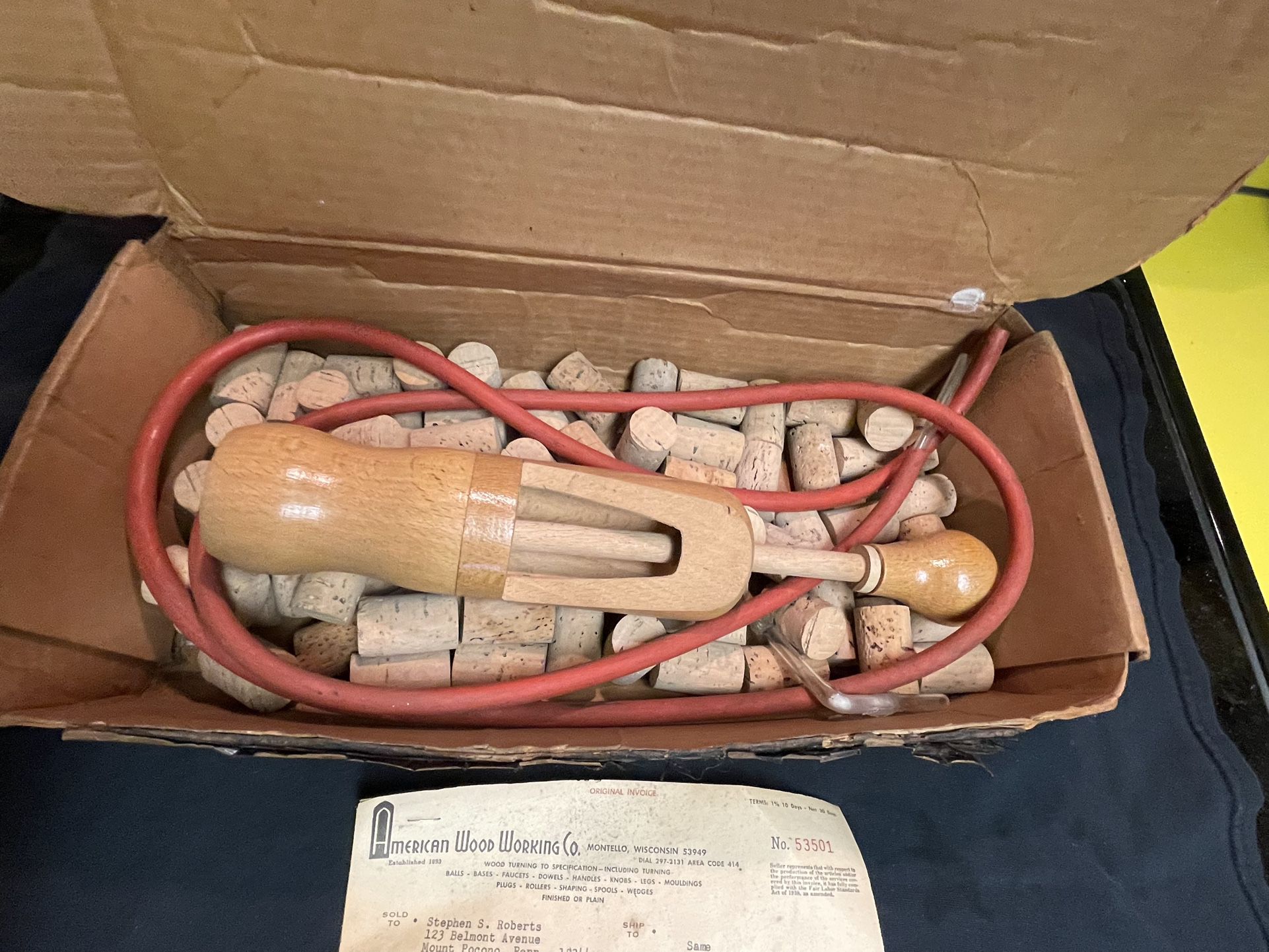 Vintage Wooden Hand Corker In Original Box With Original Receipt, 1966