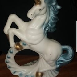 Beautiful Vintage White & Blue Unicorn Figurine Made From Porcelain
