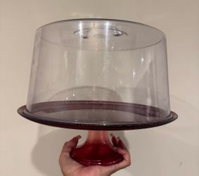 Red Swirl Glass Cake Stand With Clear Plastic Cover - See Photos