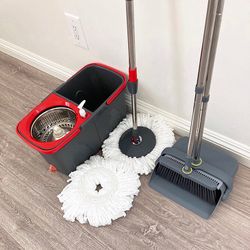(NEW) $30 Combo Set, Broom Dustpan and Spin Mop Extended Handle w/ 2pc Microfiber Replacements