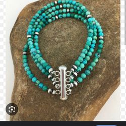 925 Sterling Silver Turquoise 3 Strand Bead Bracelet 